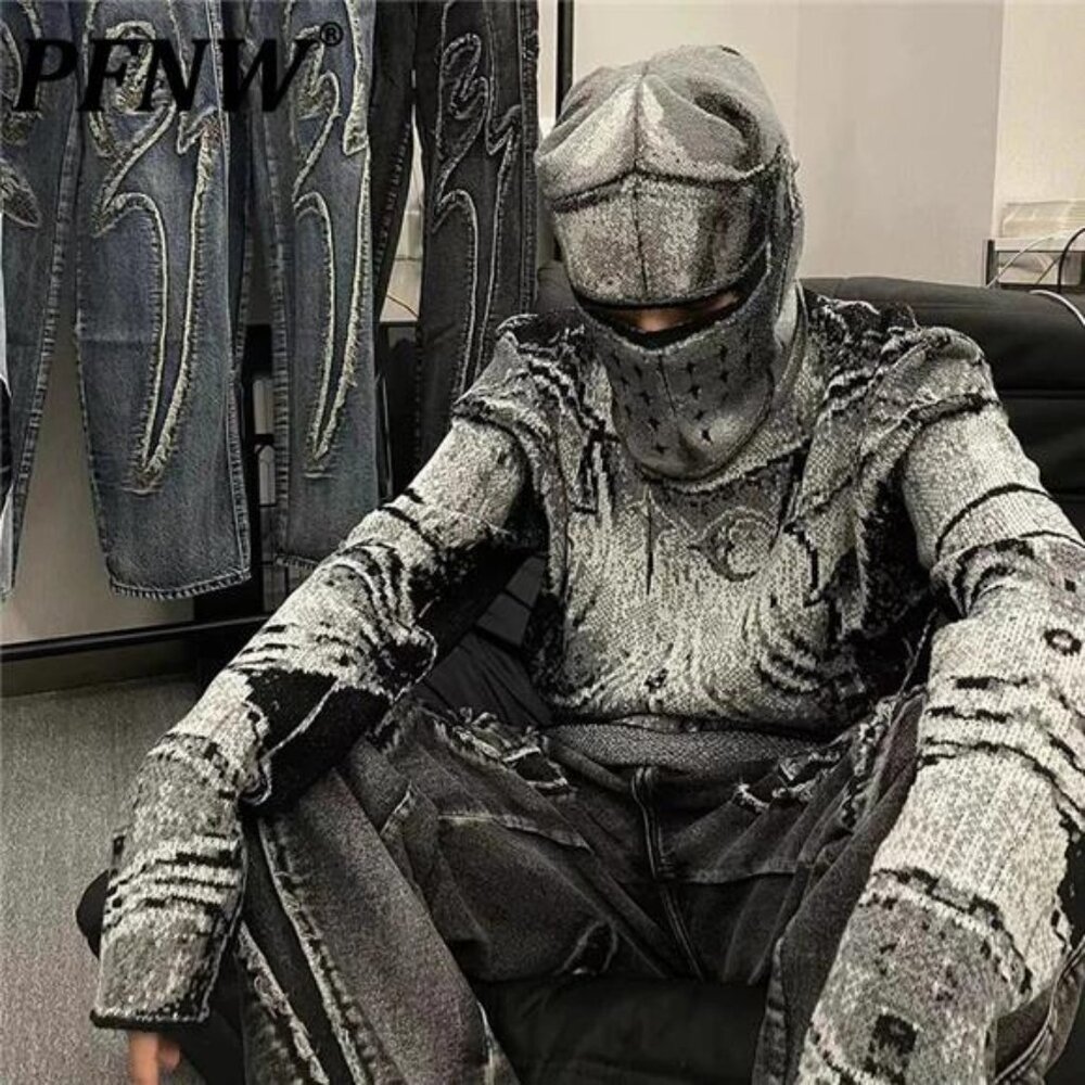 PFNW Jacquard Men's Armor Knitted Sweaters Niche Design Knight Headwear Male
